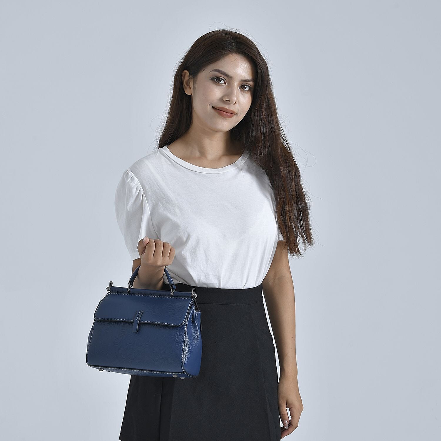 100% Genuine Leather Bag with Detachable Long Strap - Navy