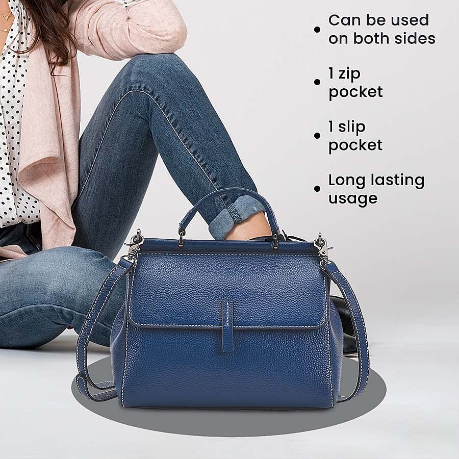100% Genuine Leather Bag with Detachable Long Strap - Navy