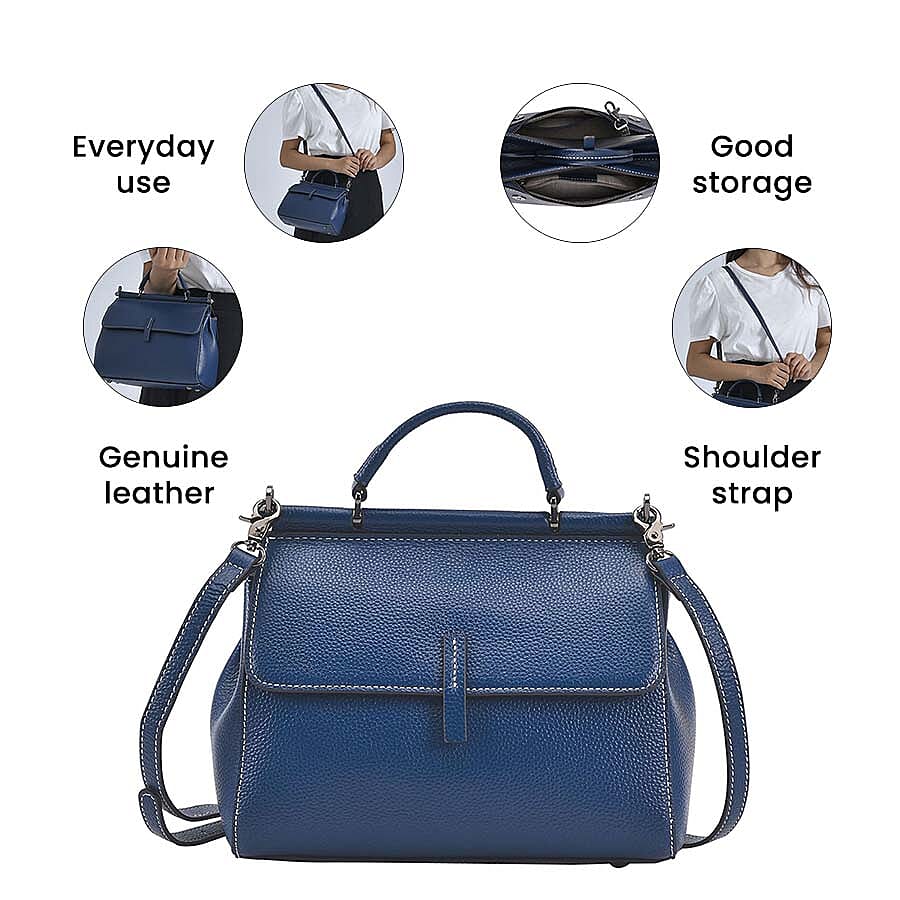 100% Genuine Leather Bag with Detachable Long Strap - Navy