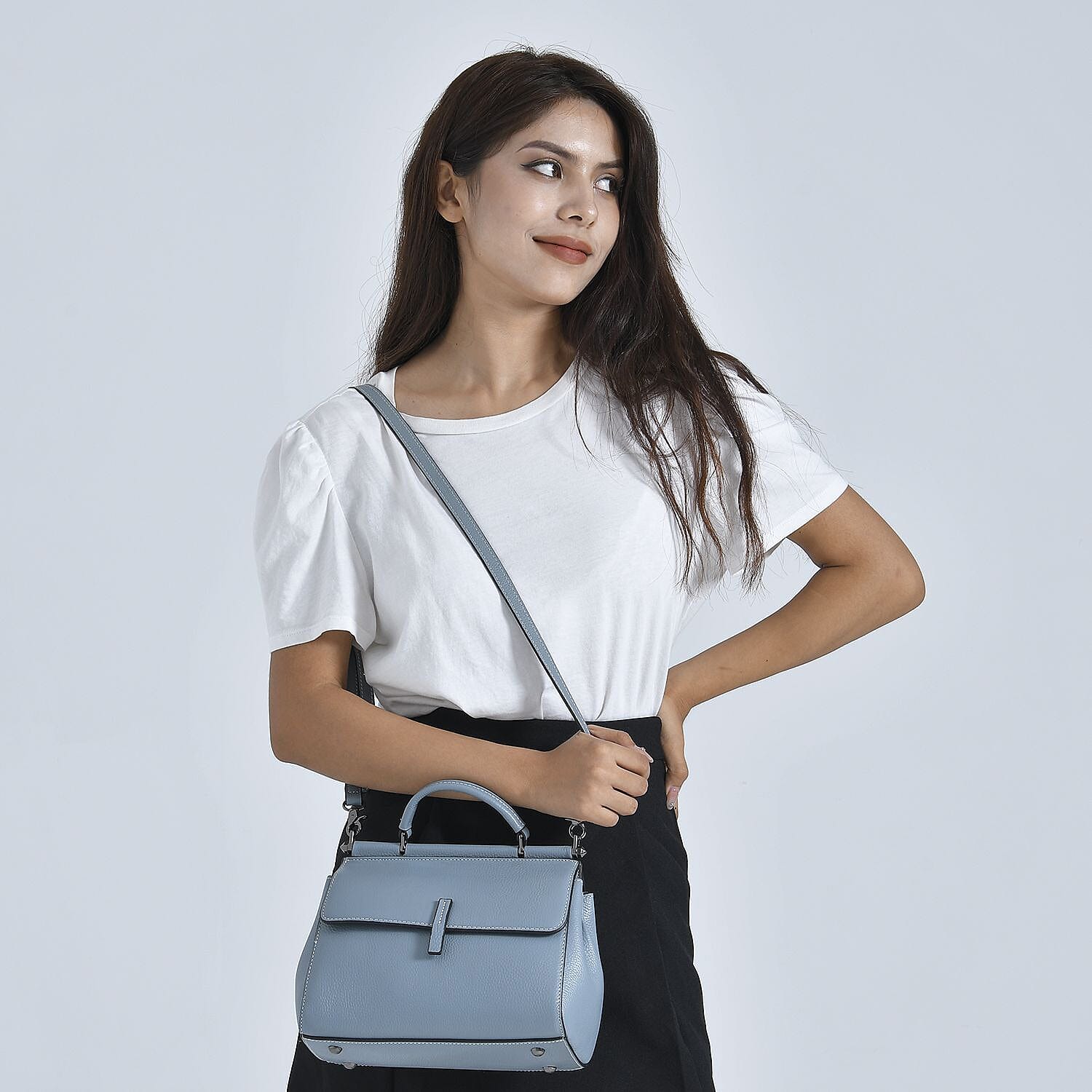 100% Genuine Leather Convertible Bag with Detachable Long Strap - Light Blue