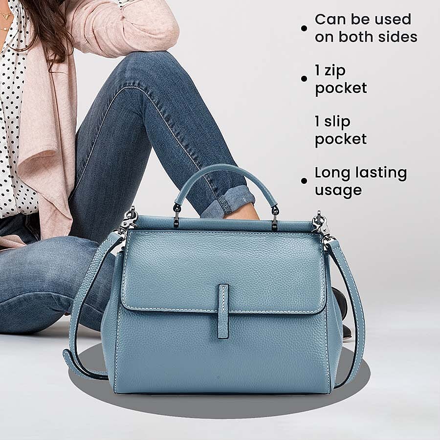 100% Genuine Leather Convertible Bag with Detachable Long Strap - Light Blue