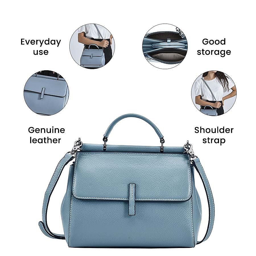 100% Genuine Leather Convertible Bag with Detachable Long Strap - Light Blue