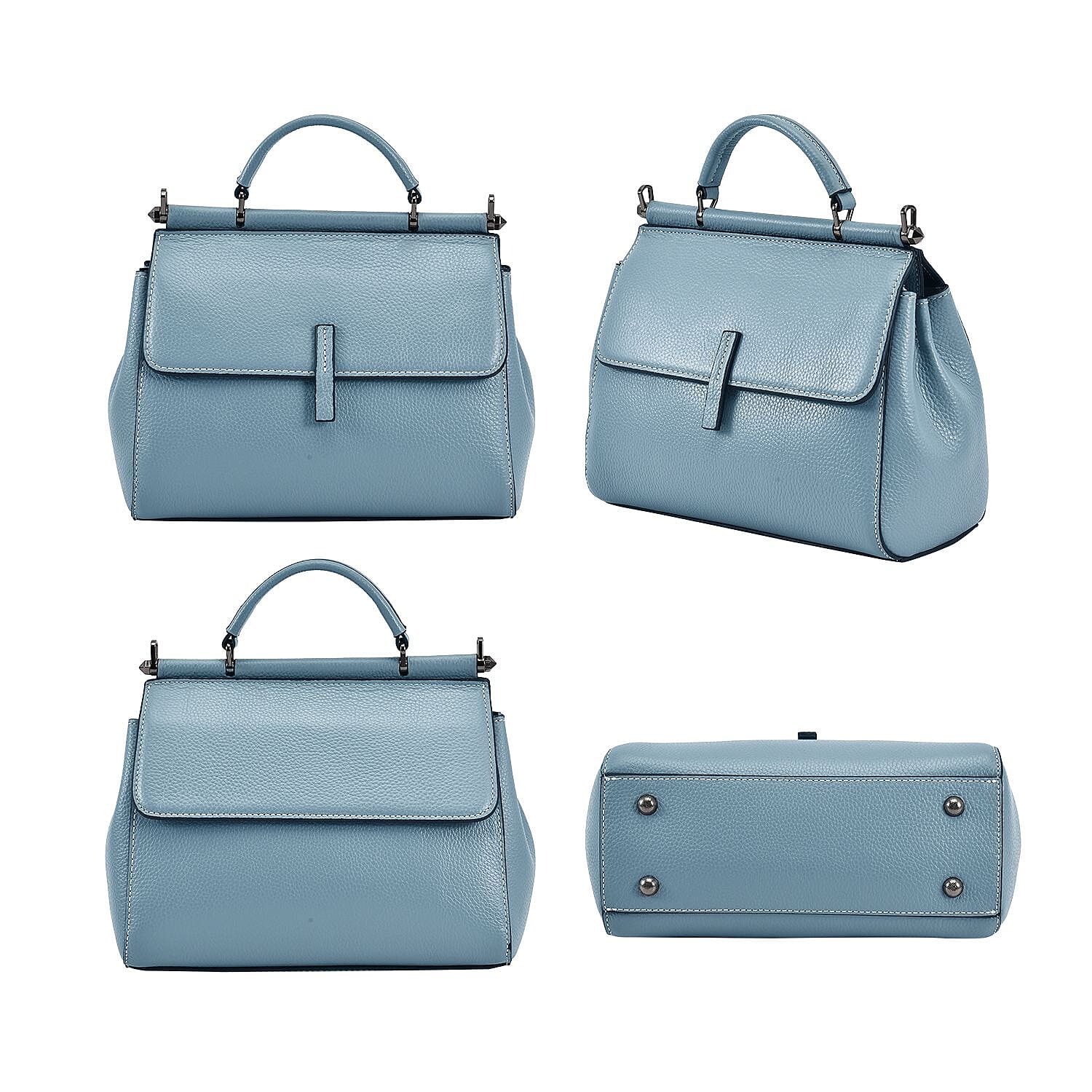 100% Genuine Leather Convertible Bag with Detachable Long Strap - Light Blue