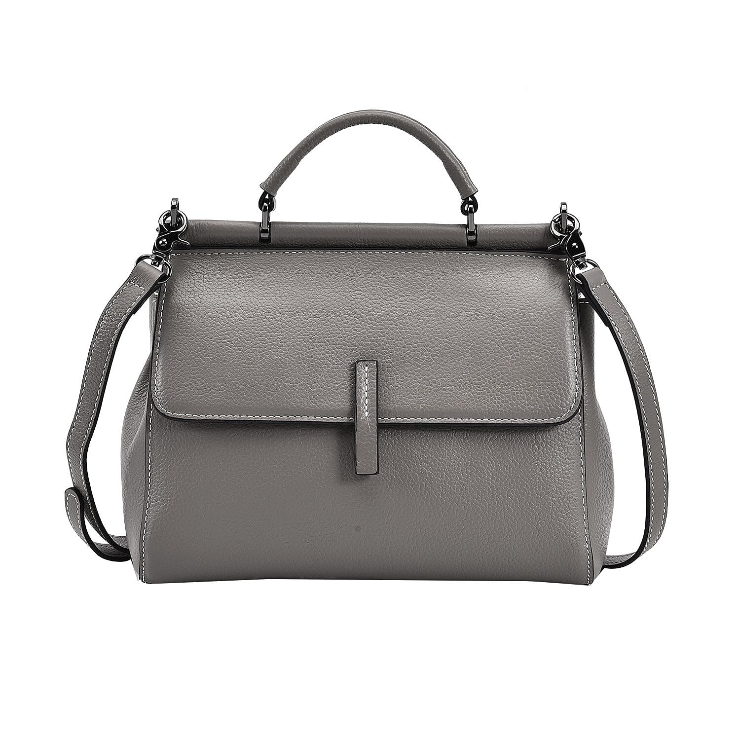 100% Genuine Leather Convertible Bag with Detachable Long Strap - Grey