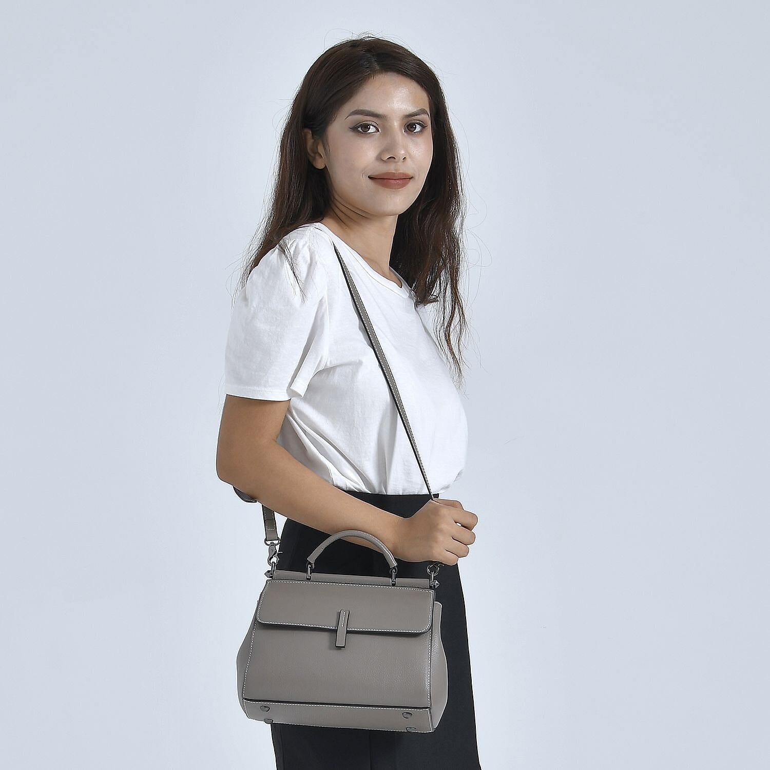 100% Genuine Leather Convertible Bag with Detachable Long Strap - Grey