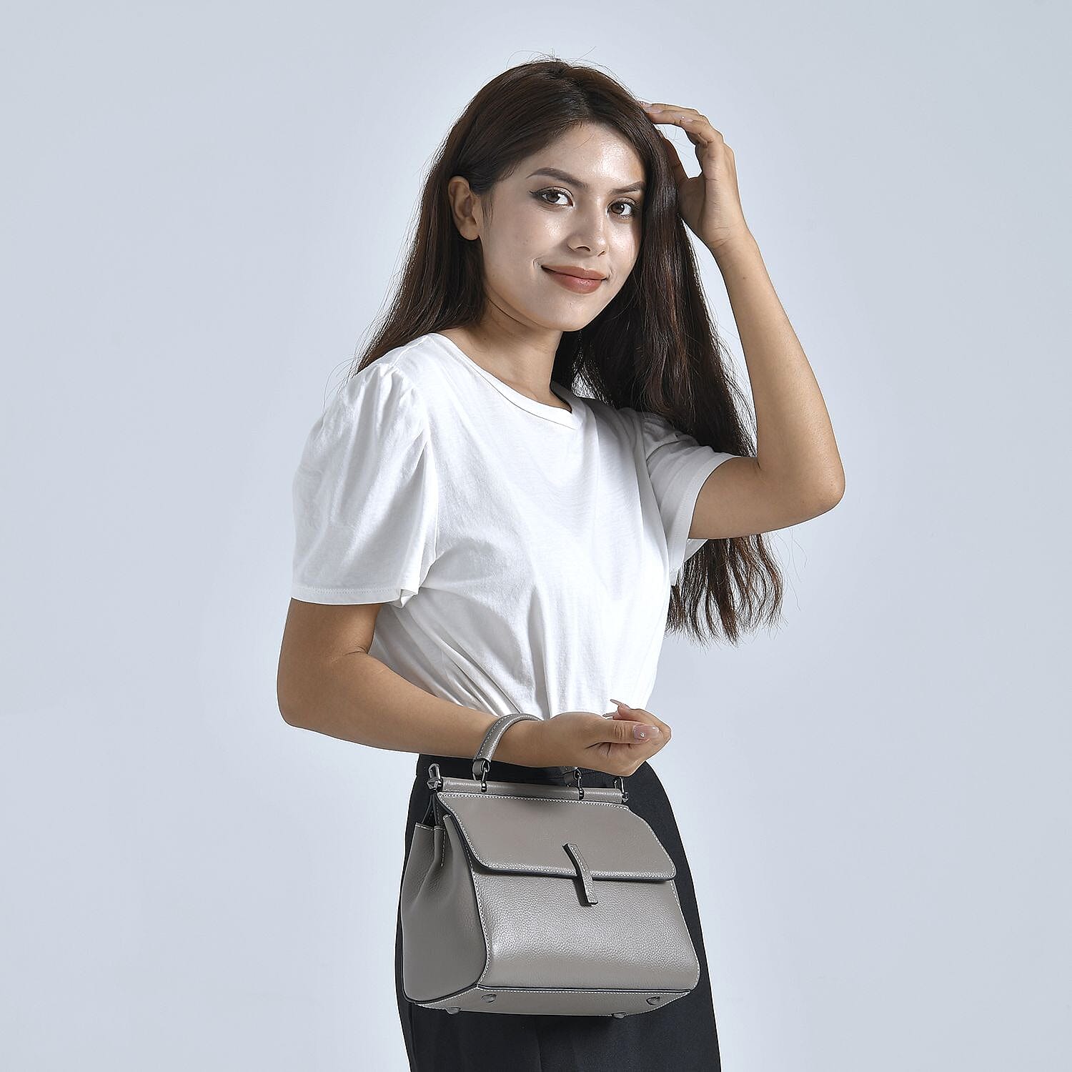 100% Genuine Leather Convertible Bag with Detachable Long Strap - Grey