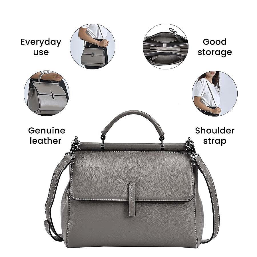 100% Genuine Leather Convertible Bag with Detachable Long Strap - Grey