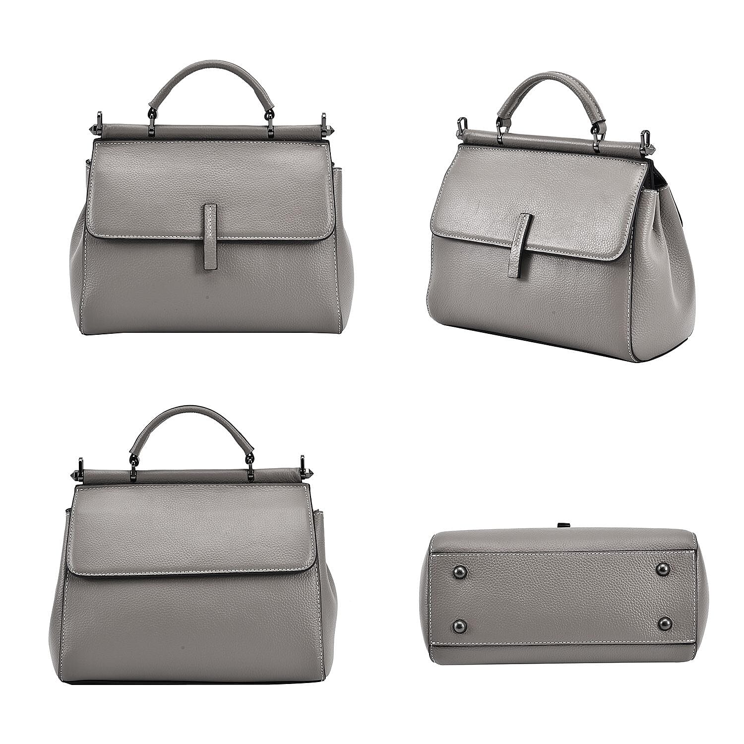 100% Genuine Leather Convertible Bag with Detachable Long Strap - Grey
