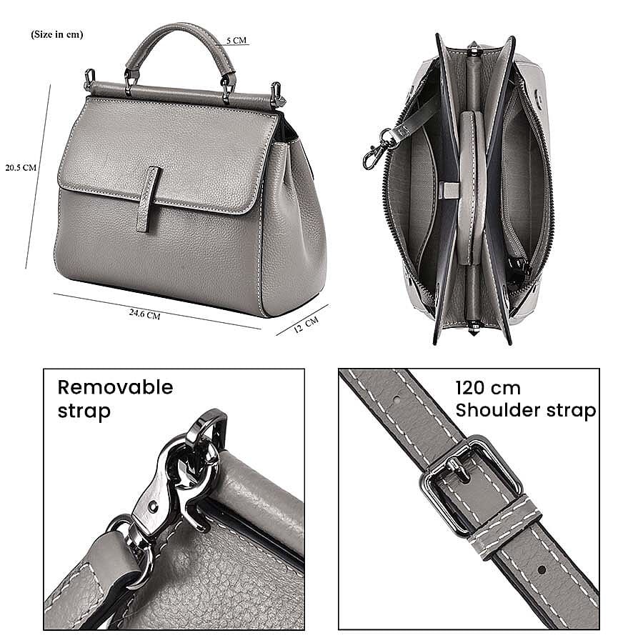 100% Genuine Leather Convertible Bag with Detachable Long Strap - Grey