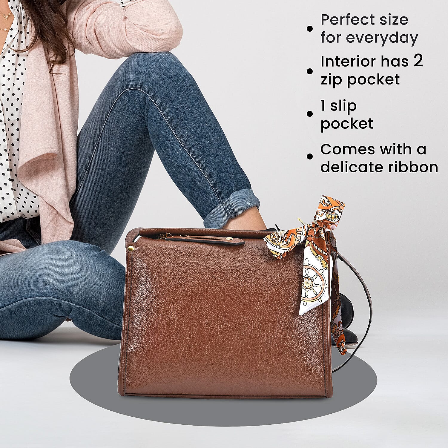 Genuine Leather Solid Crossbody Bag - Brown 