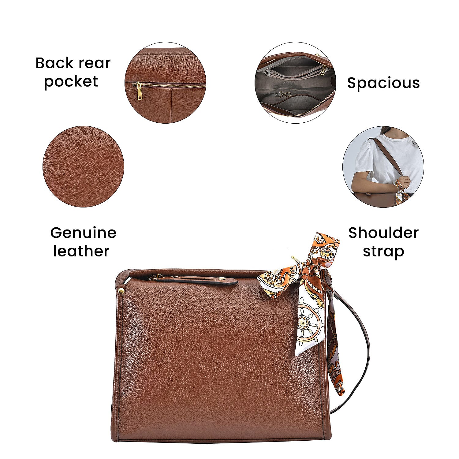 Genuine Leather Solid Crossbody Bag - Brown 