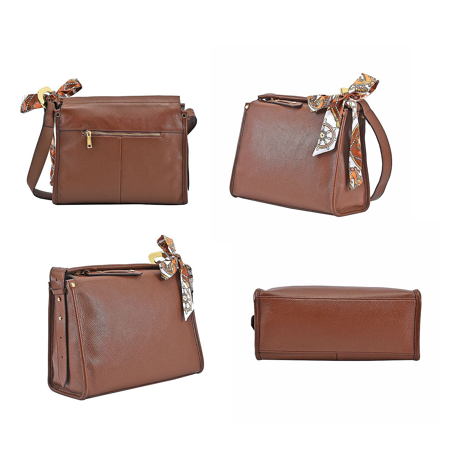 Genuine Leather Solid Crossbody Bag - Brown 