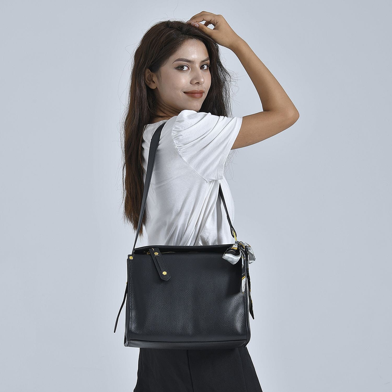 100% Genuine Leather Crossbody Bag with Detachable Long Strap (Size 29x21x11 Cm) - Black