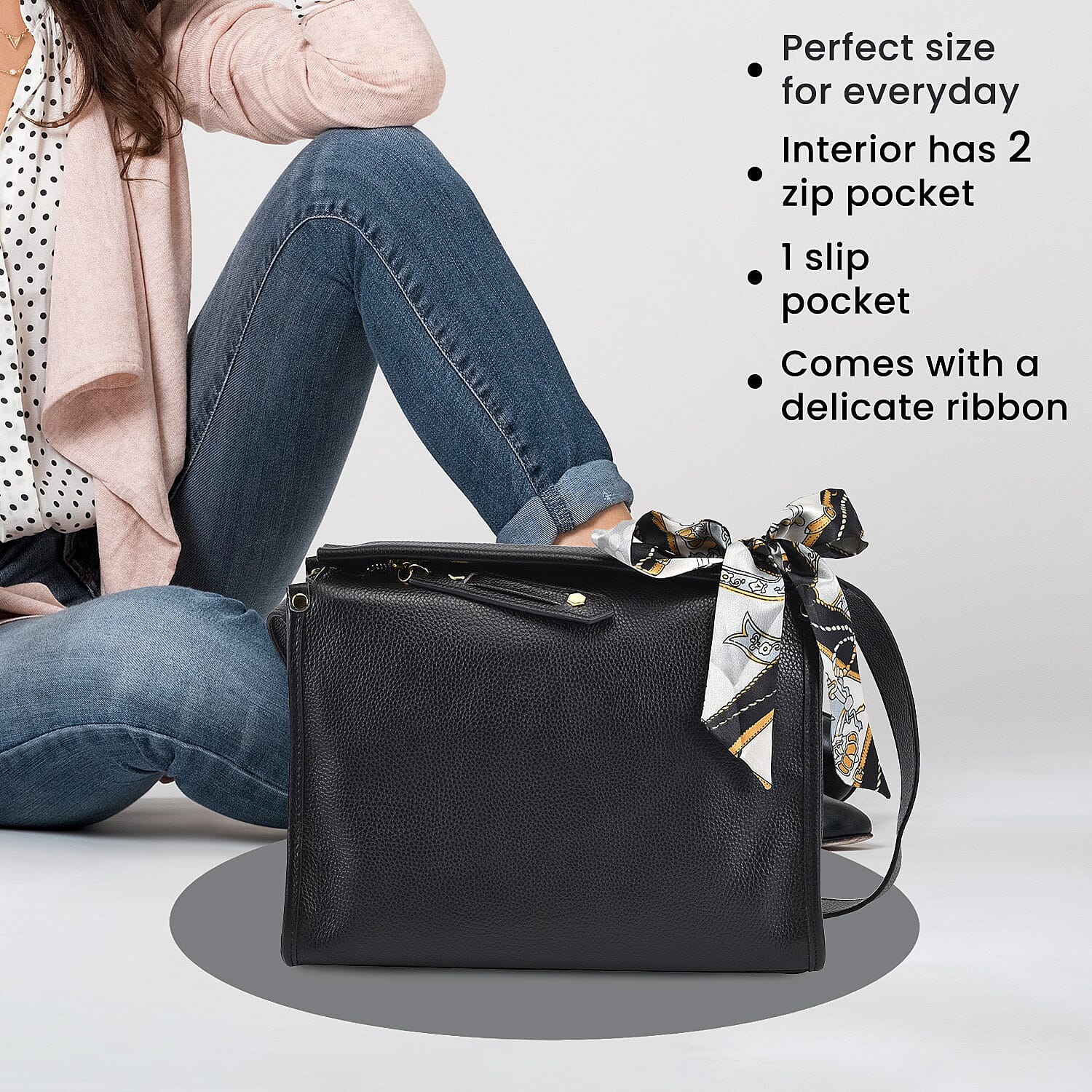 100% Genuine Leather Crossbody Bag with Detachable Long Strap (Size 29x21x11 Cm) - Black