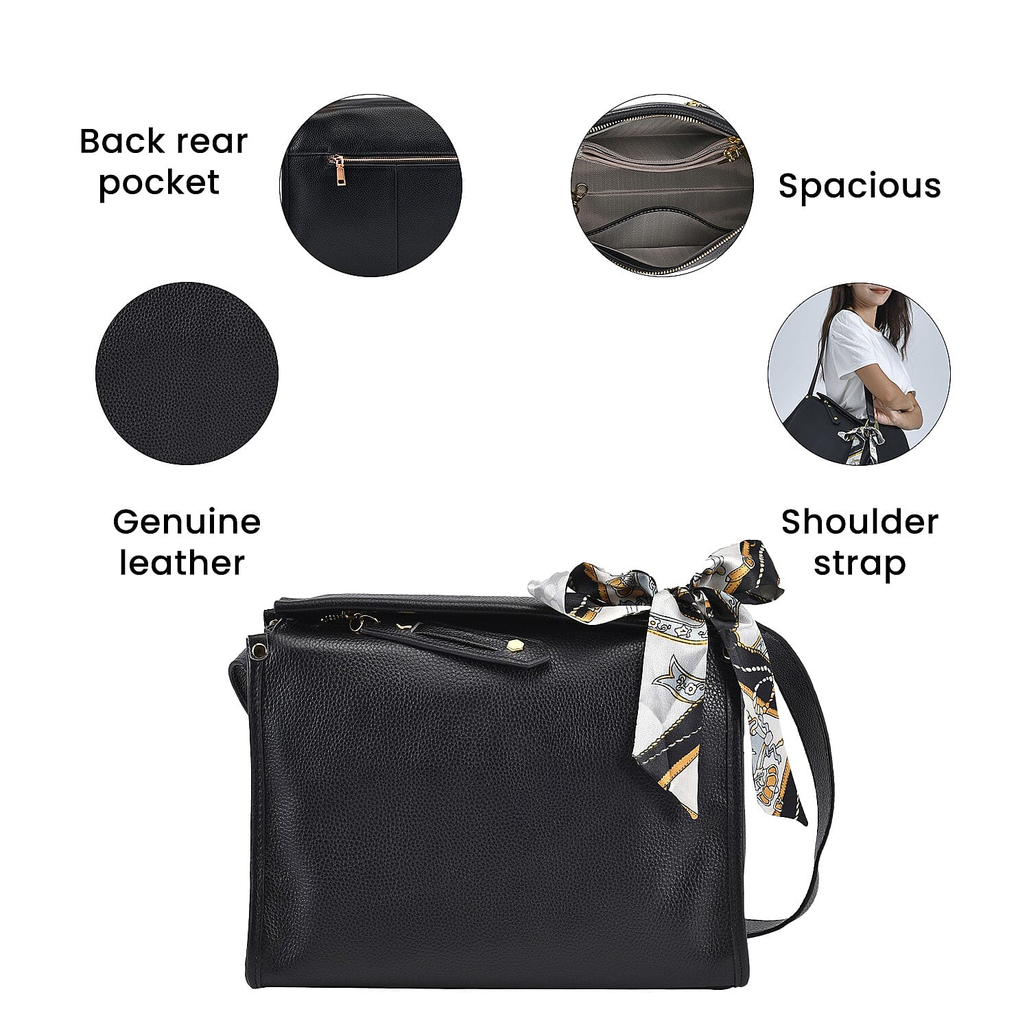 100% Genuine Leather Crossbody Bag with Detachable Long Strap (Size 29x21x11 Cm) - Black