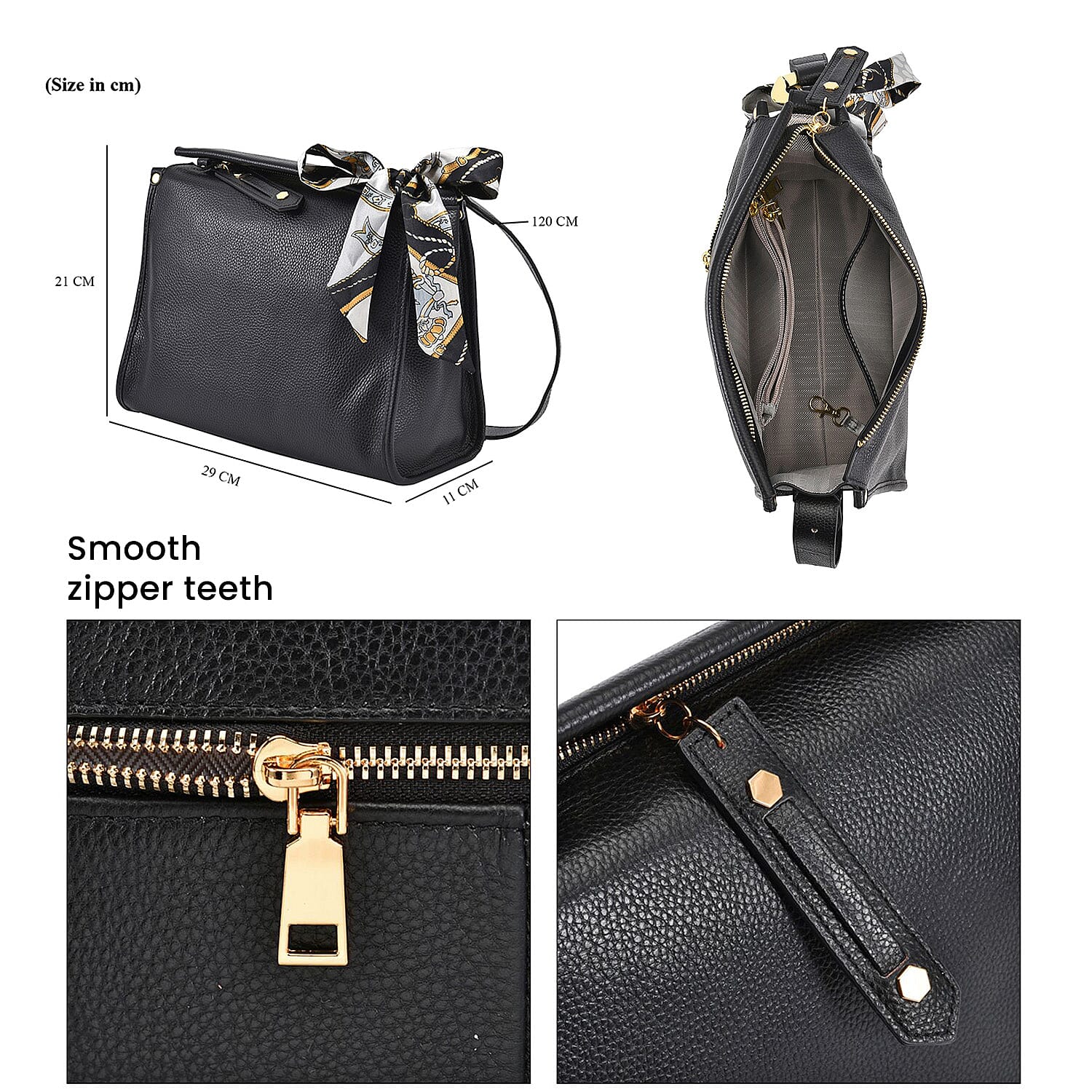100% Genuine Leather Crossbody Bag with Detachable Long Strap (Size 29x21x11 Cm) - Black