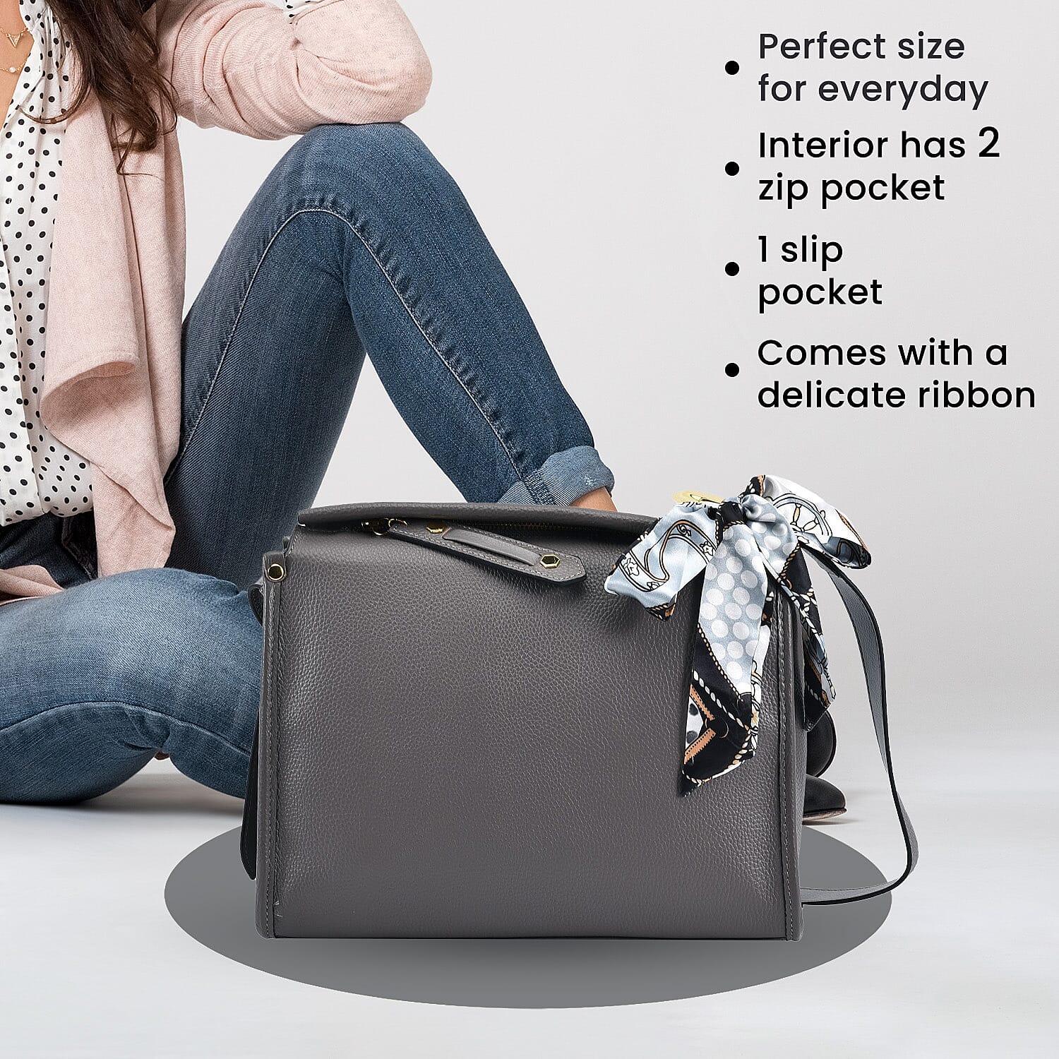 100% Genuine Leather Crossbody Bag with Detachable Long Strap - Grey