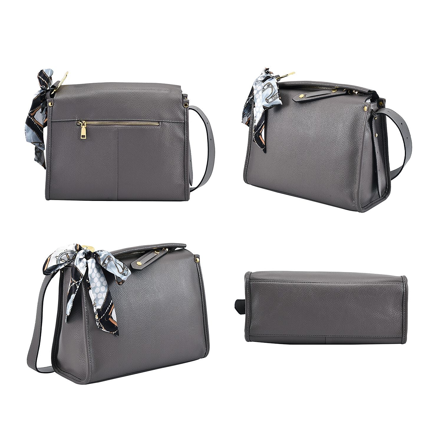 100% Genuine Leather Crossbody Bag with Detachable Long Strap - Grey