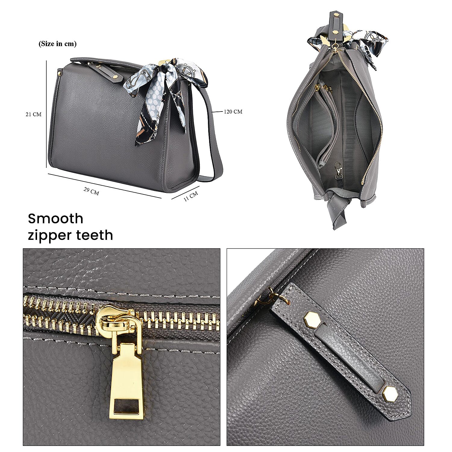 100% Genuine Leather Crossbody Bag with Detachable Long Strap - Grey