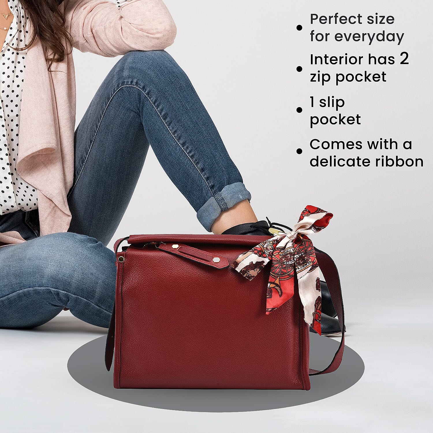 100% Genuine Leather Crossbody Bag with Detachable Long Strap (Size 29x21x11 Cm) - Red