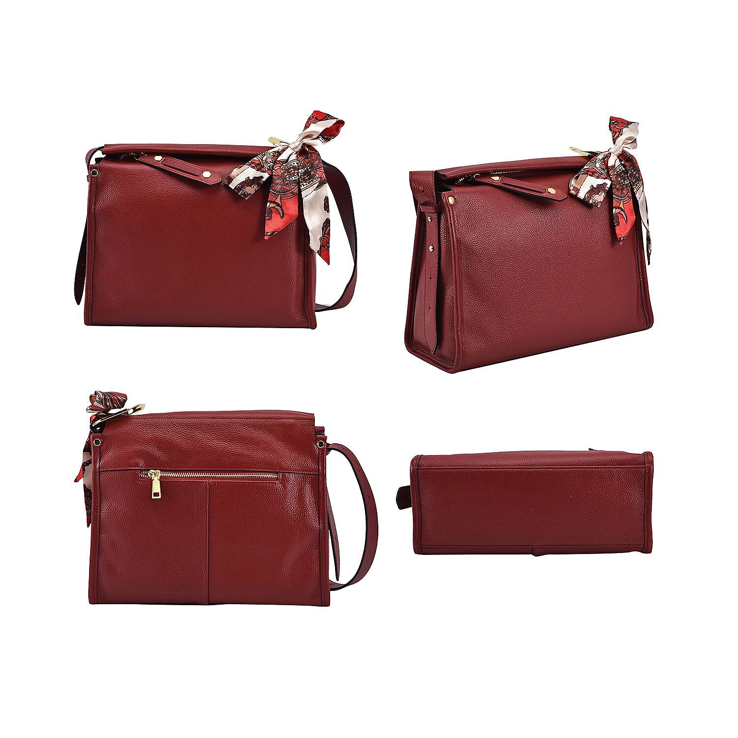 100% Genuine Leather Crossbody Bag with Detachable Long Strap (Size 29x21x11 Cm) - Red