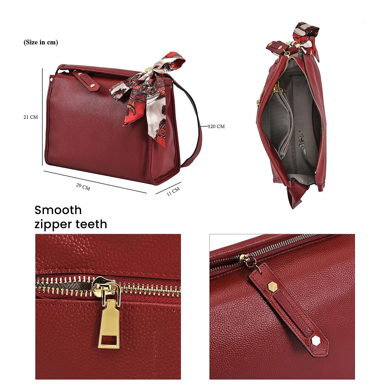 100% Genuine Leather Crossbody Bag with Detachable Long Strap (Size 29x21x11 Cm) - Red