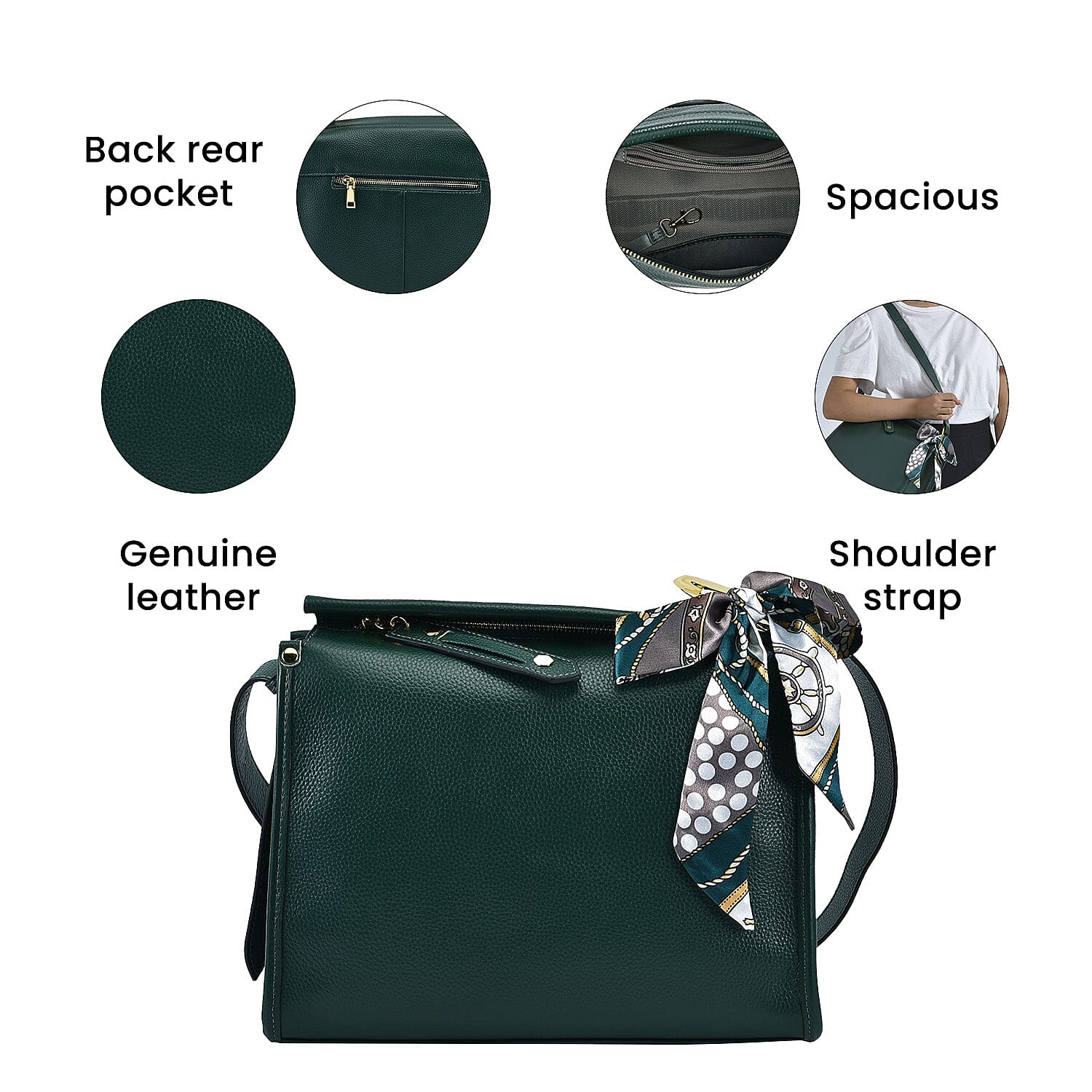 100% Genuine Leather Crossbody Bag with Detachable Long Strap - Green