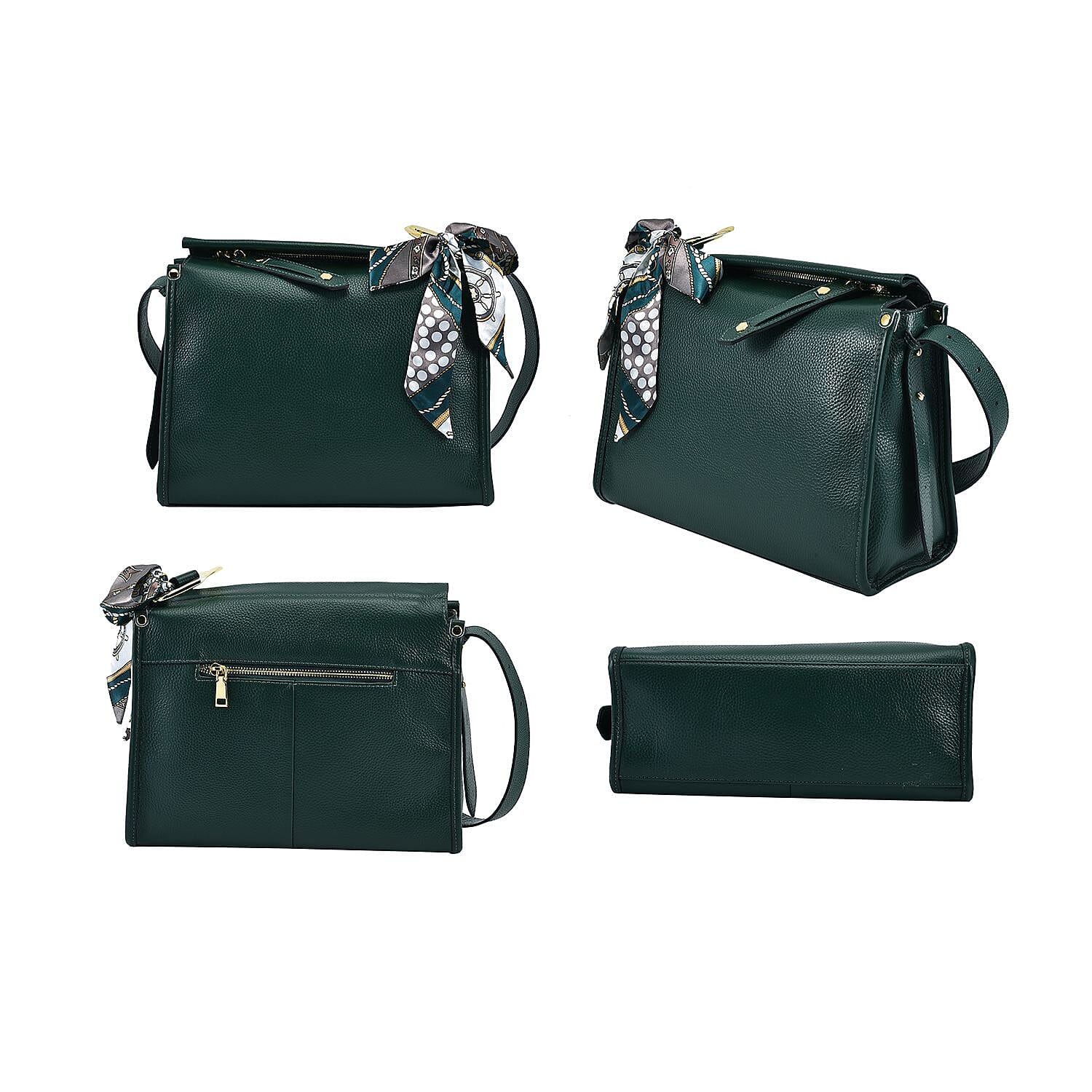 100% Genuine Leather Crossbody Bag with Detachable Long Strap - Green