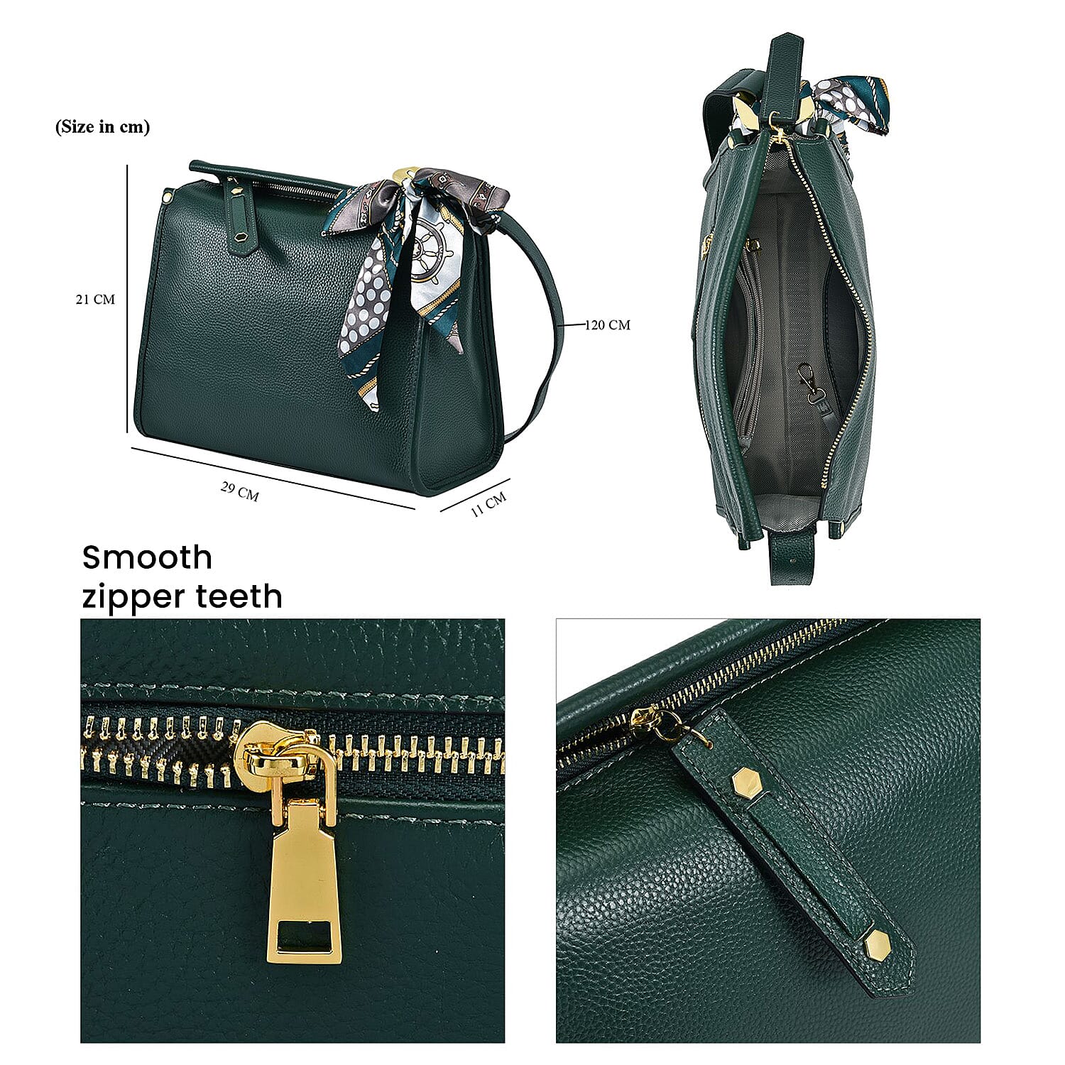 100% Genuine Leather Crossbody Bag with Detachable Long Strap - Green