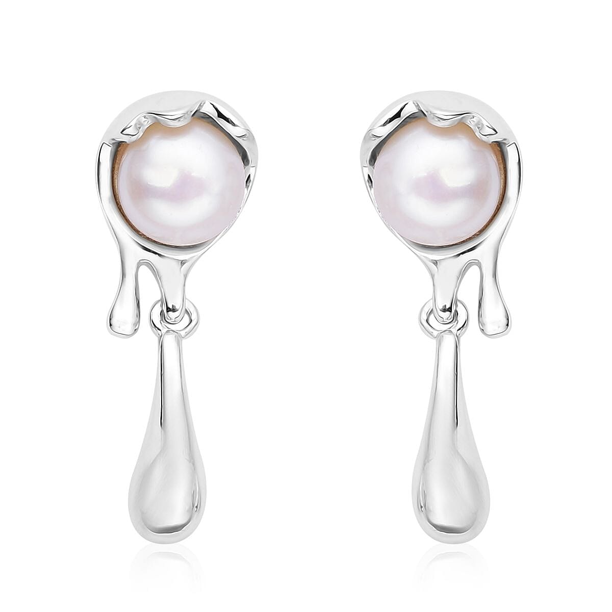 LucyQ Fluid Pearl Collection - Freshwater Pearl Dangling Earrings (With Push Back) in Rhodium Overlay Sterling Silver