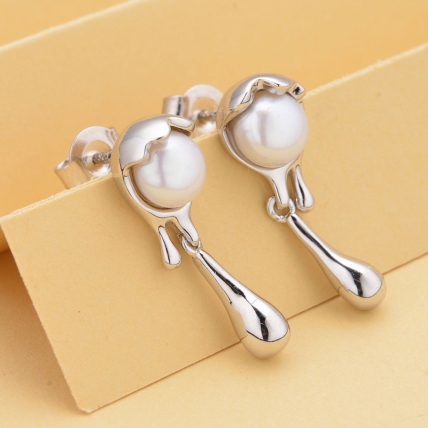 LucyQ Fluid Pearl Collection - Freshwater Pearl Dangling Earrings (With Push Back) in Rhodium Overlay Sterling Silver