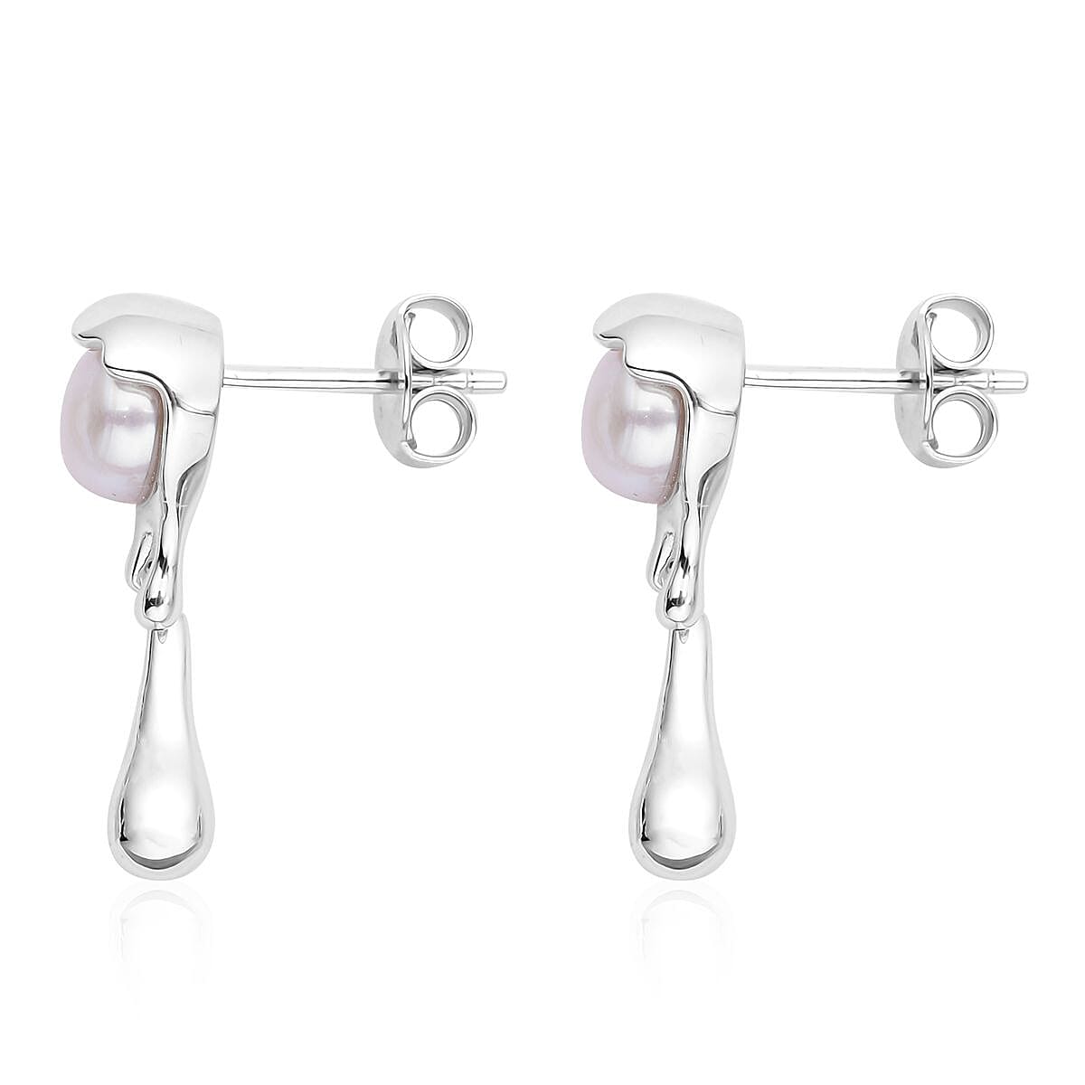 LucyQ Fluid Pearl Collection - Freshwater Pearl Dangling Earrings (With Push Back) in Rhodium Overlay Sterling Silver