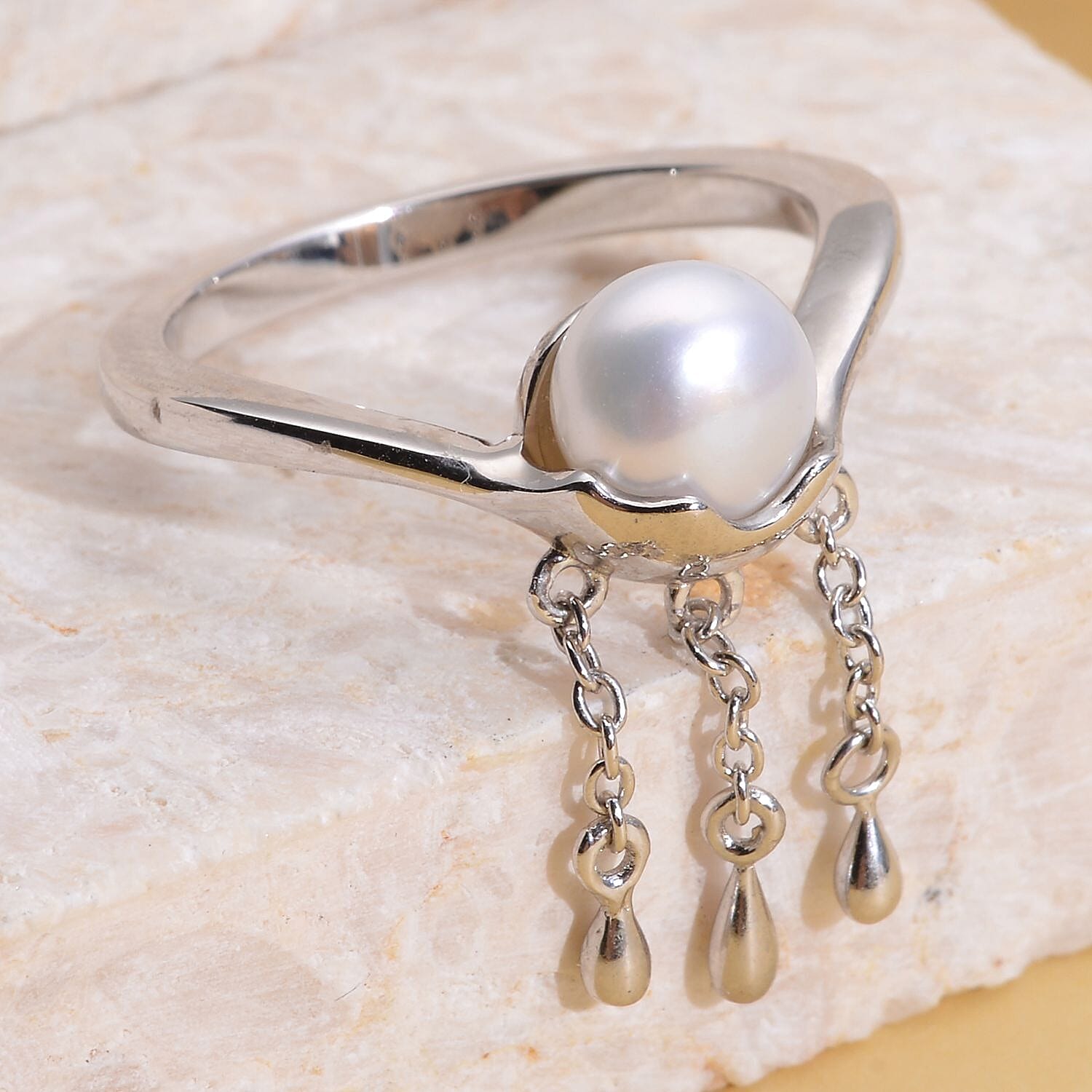 LucyQ Fluid Pearl Collection - Freshwater Pearl Ring in Rhodium Overlay Sterling Silver