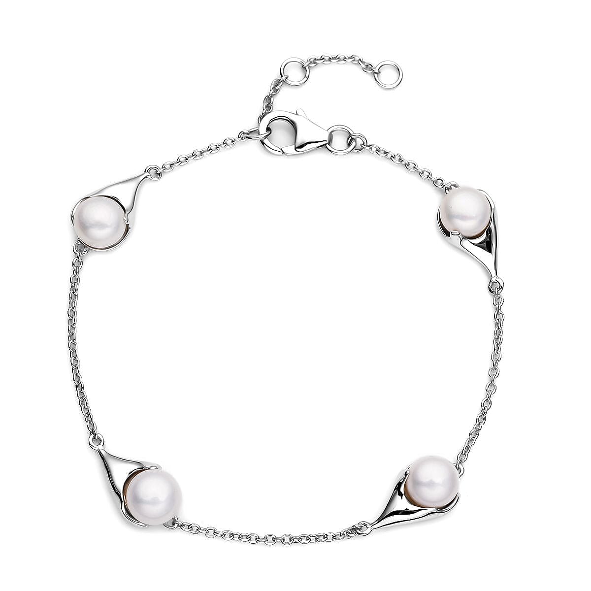 Lucy Q Fluid Pearl Collection - Freshwater Pearl Station Bracelet (Size - 7-7.5-8 Inch) in Rhodium Overlay Sterling Silver