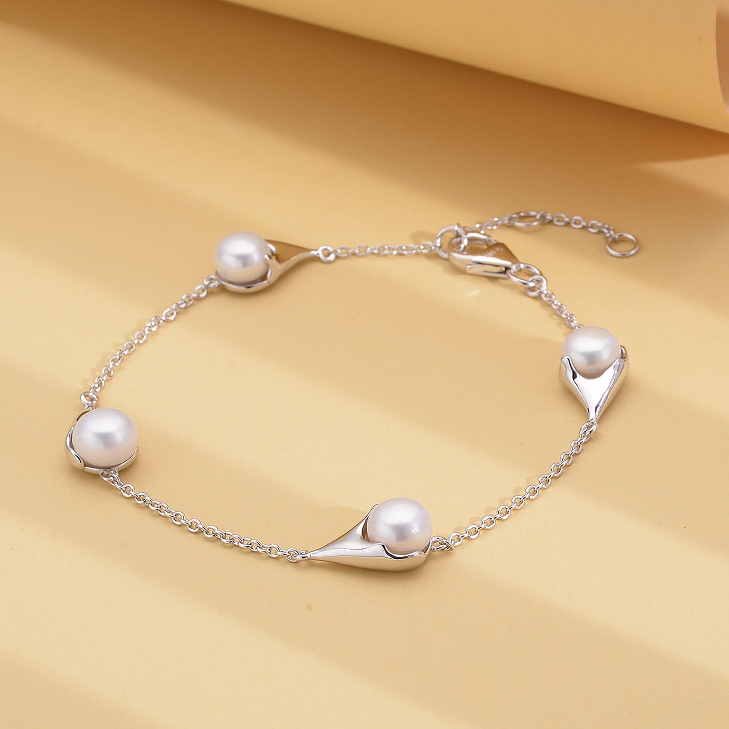 Lucy Q Fluid Pearl Collection - Freshwater Pearl Station Bracelet (Size - 7-7.5-8 Inch) in Rhodium Overlay Sterling Silver