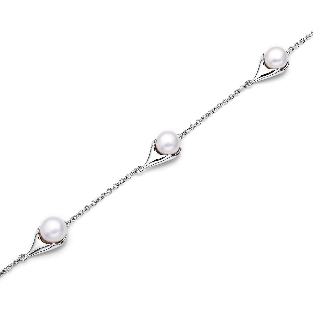 Lucy Q Fluid Pearl Collection - Freshwater Pearl Station Bracelet (Size - 7-7.5-8 Inch) in Rhodium Overlay Sterling Silver