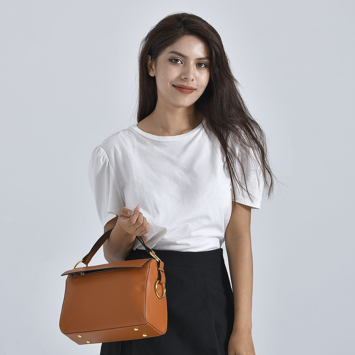 Genuine Leather Solid Crossbody Bag - Tan