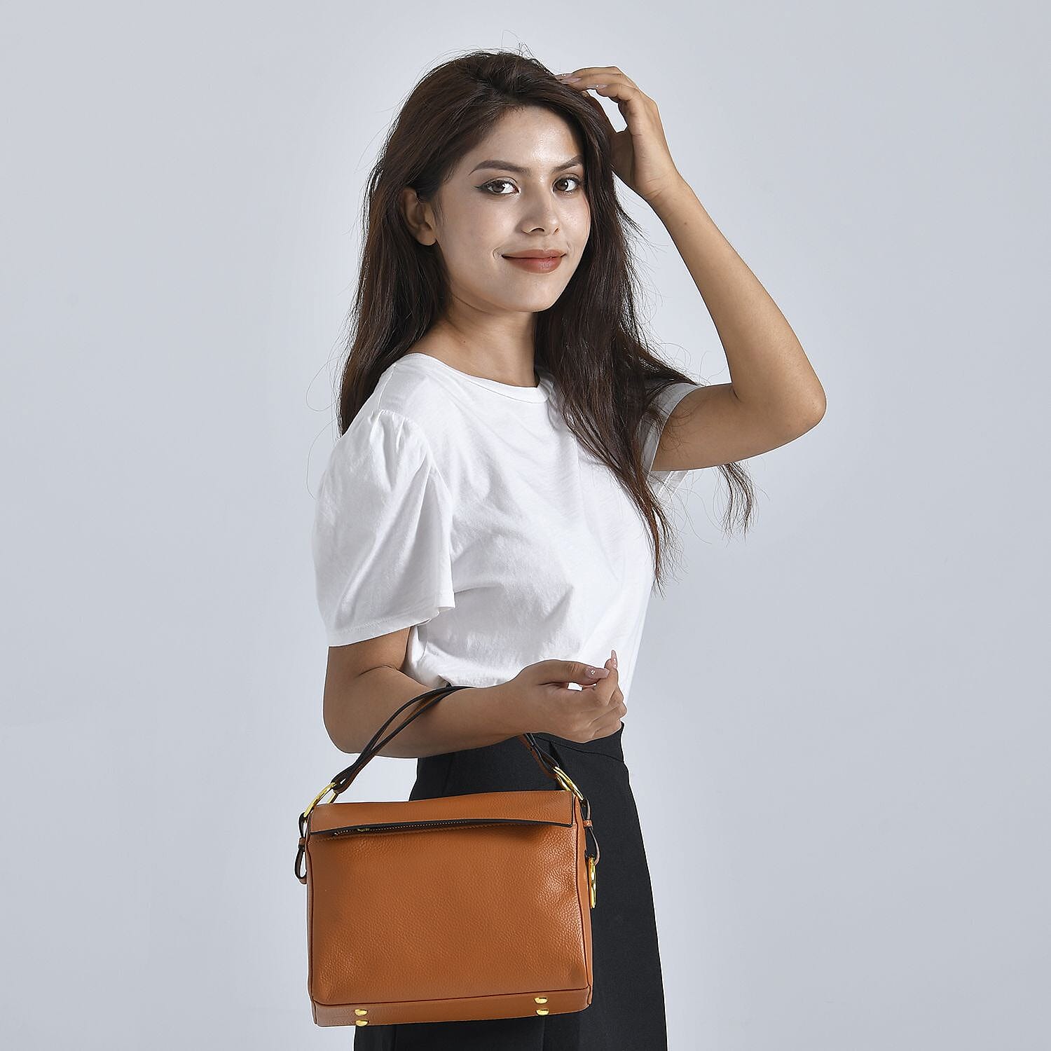 100% Genuine Leather Convertible Bag with Detachable Long Strap (Size 25x12x20 Cm) - Tan