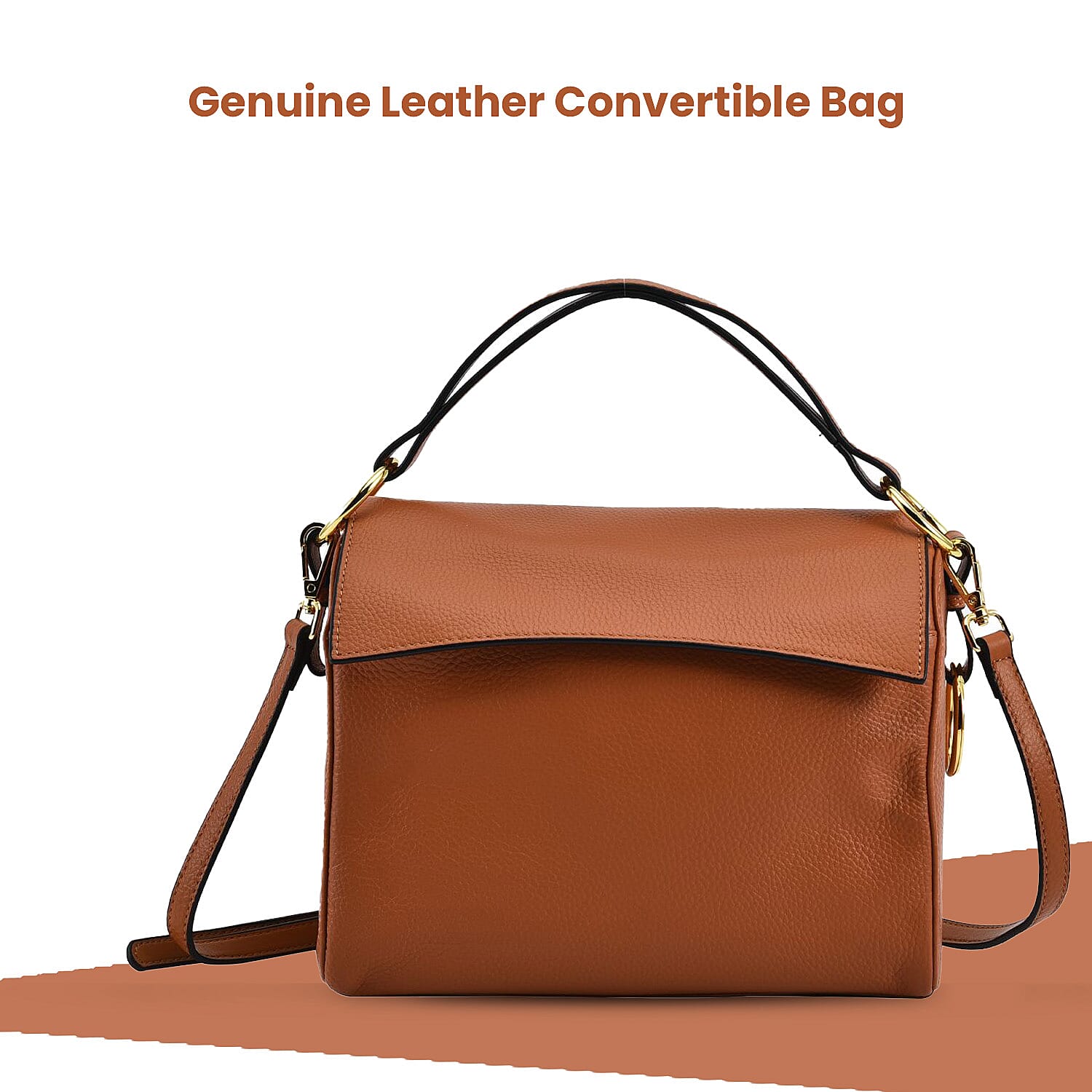 100% Genuine Leather Convertible Bag with Detachable Long Strap (Size 25x12x20 Cm) - Tan