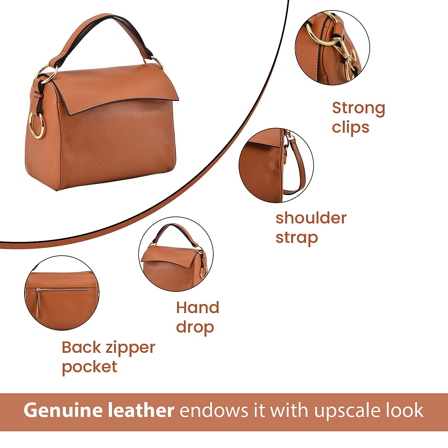 100% Genuine Leather Convertible Bag with Detachable Long Strap (Size 25x12x20 Cm) - Tan