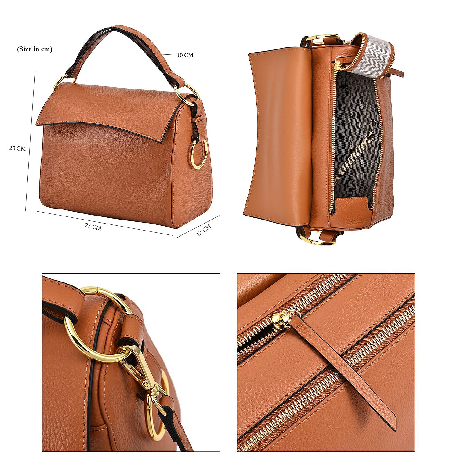 100% Genuine Leather Convertible Bag with Detachable Long Strap (Size 25x12x20 Cm) - Tan