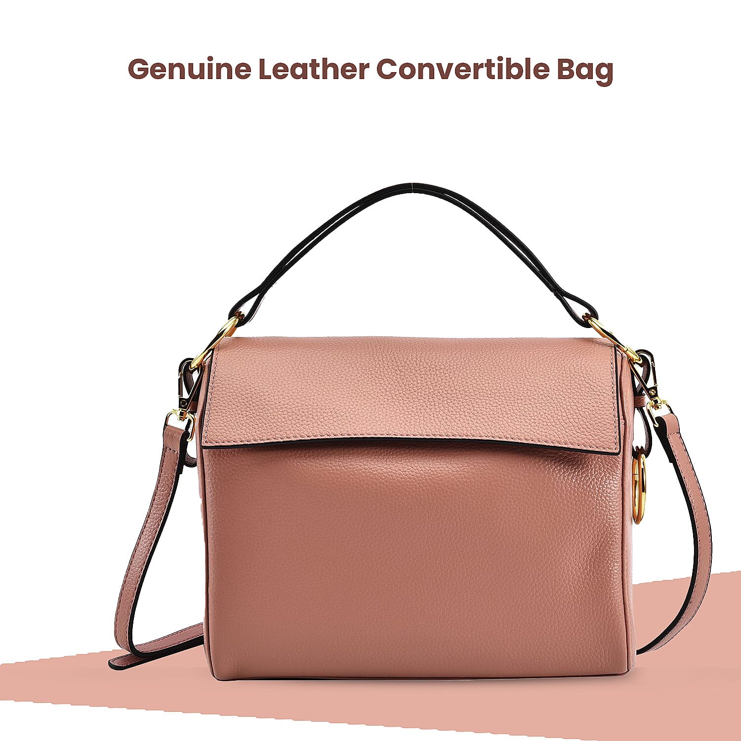 100% Genuine Leather Convertible Bag with Detachable Long Strap - Pink