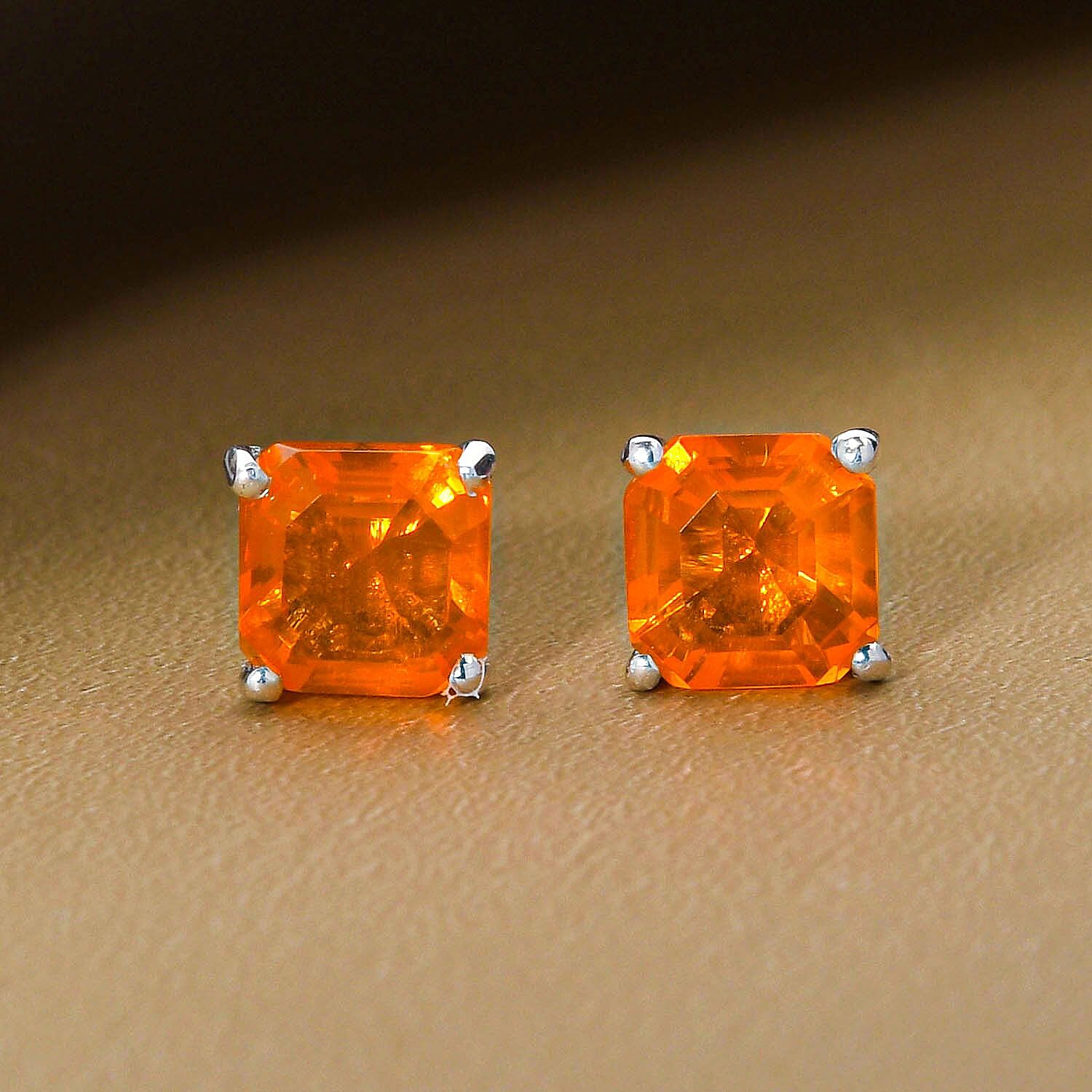 Jalisco Fire Opal Asher Cut Stud Earrings (with Push Back) in Platinum Overlay Sterling Silver