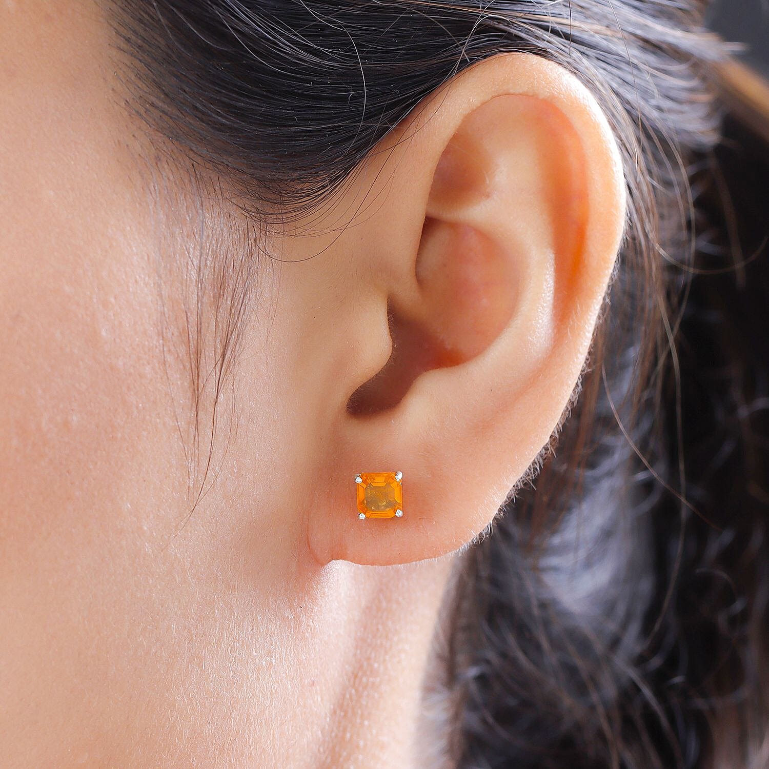 Jalisco Fire Opal Asher Cut Stud Earrings (with Push Back) in Platinum Overlay Sterling Silver