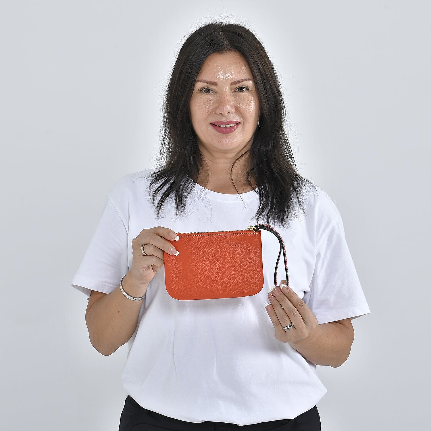 100% Genuine Leather E Letterpress Wristlet Clutch - Orange