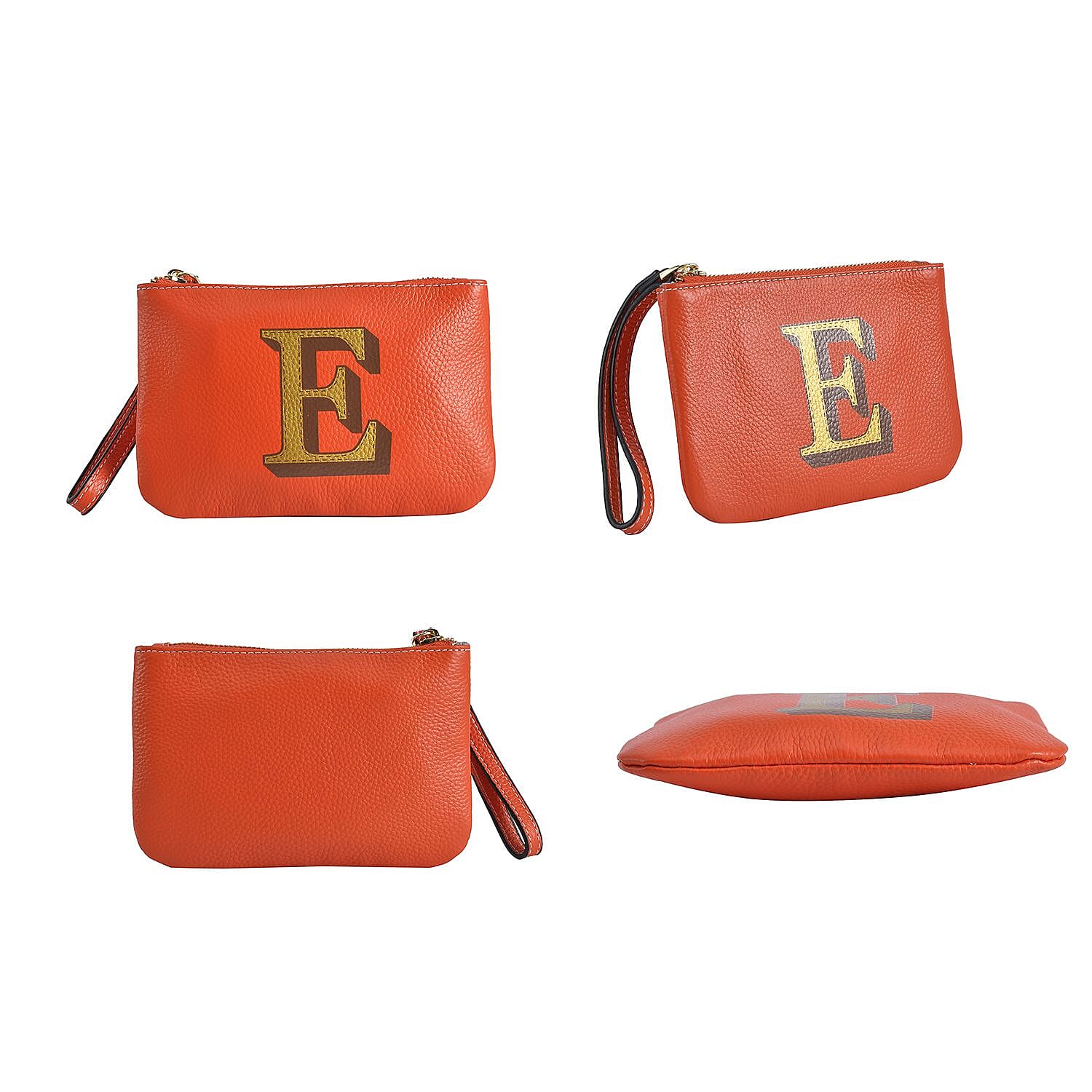 100% Genuine Leather E Letterpress Wristlet Clutch - Orange