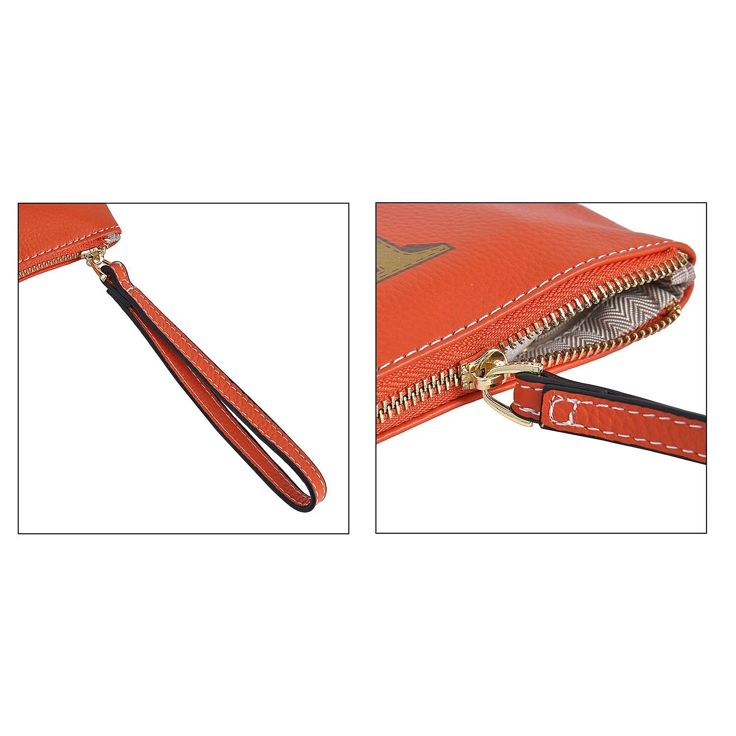 100% Genuine Leather E Letterpress Wristlet Clutch - Orange