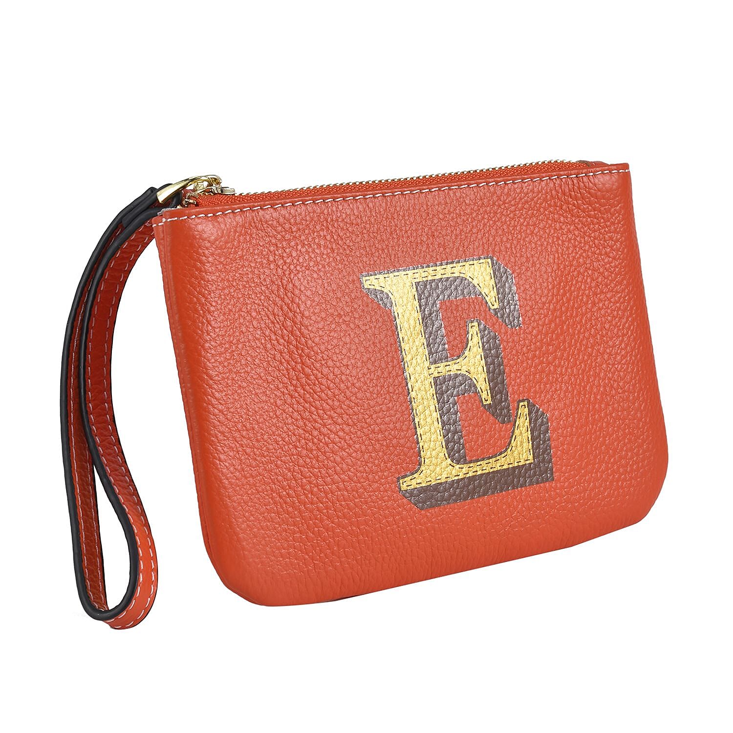 100% Genuine Leather E Letterpress Wristlet Clutch - Orange