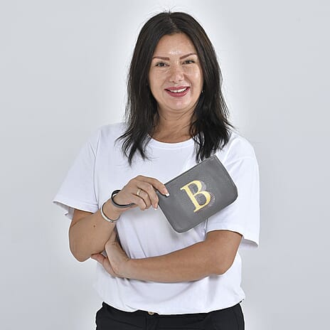 100% Genuine Leather B Letterpress Wristlet Clutch - Grey