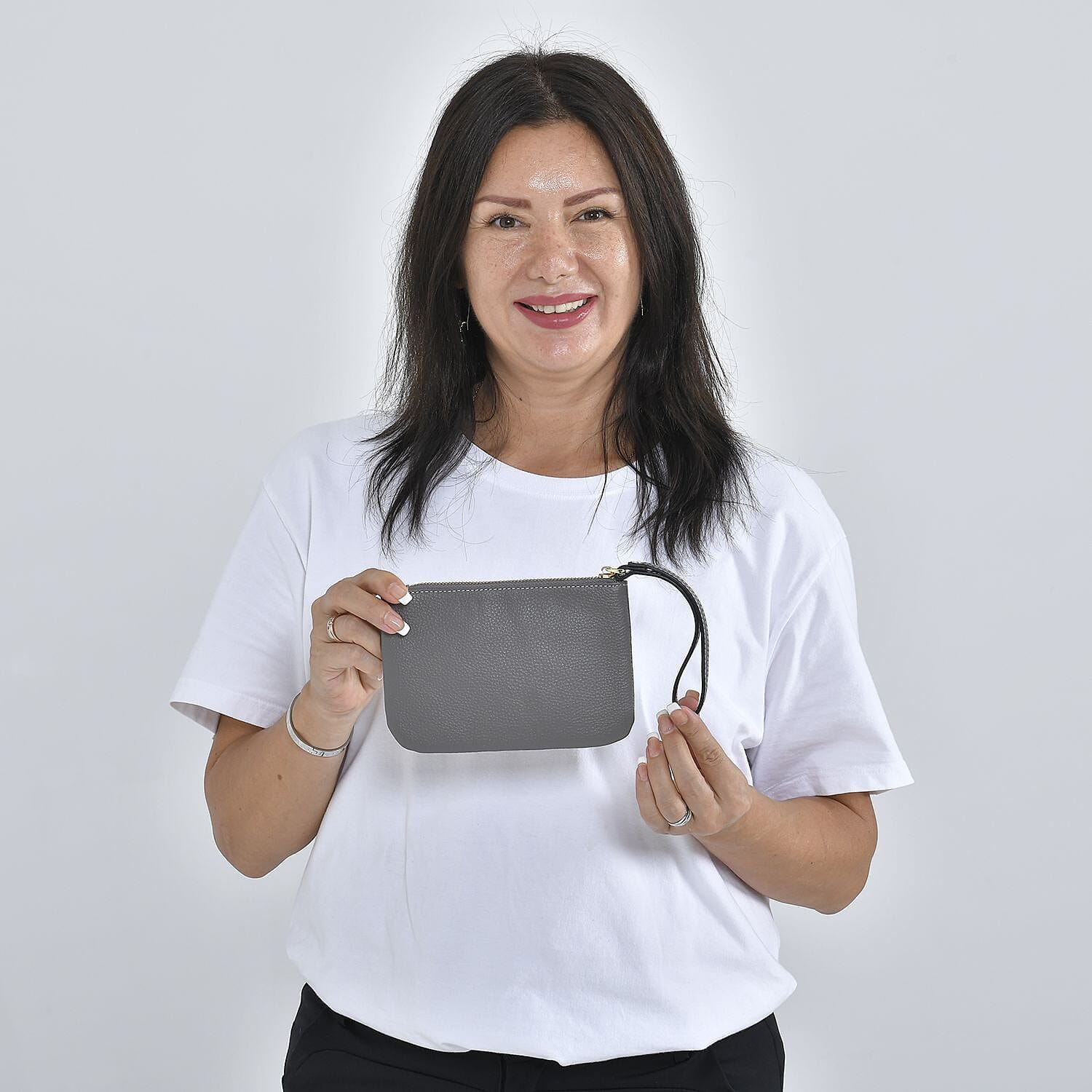 100% Genuine Leather B Letterpress Wristlet Clutch - Grey